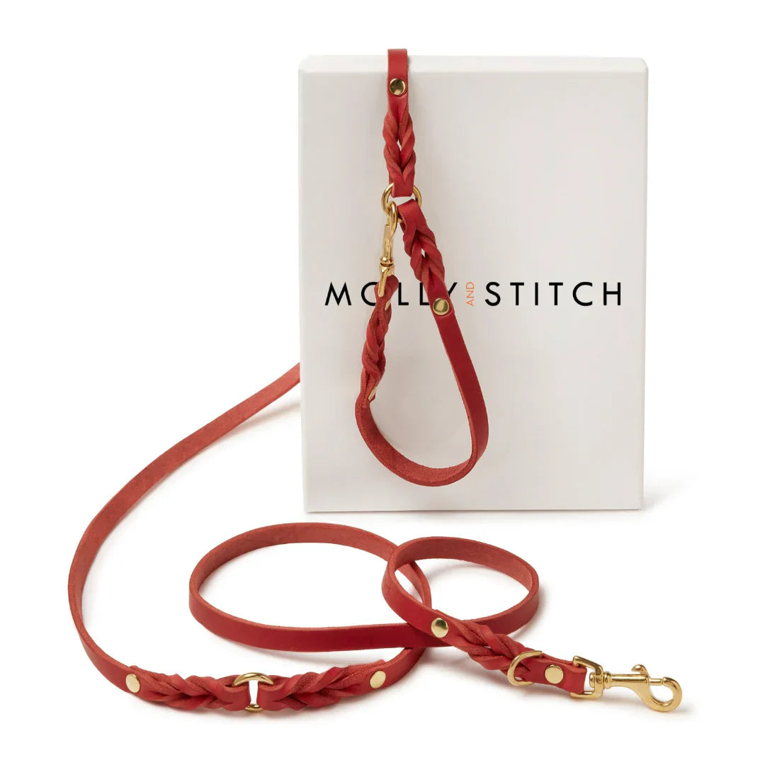 Повідець Butter Leather червоний на білому фоні з коробкою бренду